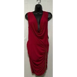 Dreamgirl Red Ruched Mini Dress Open Back Plunge Neck Gold Chain Detail L